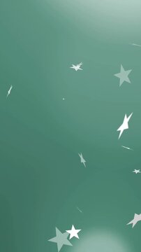 Appearing at frame one, white stars and sparks drifting across teal backdrop, creating subtle bokeh