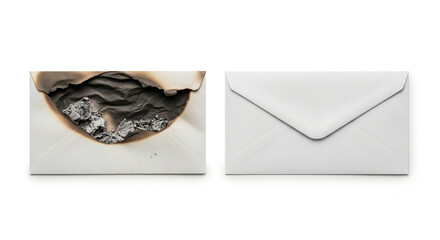Burnt and intact white envelopes on plain background