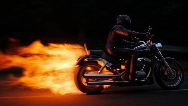 Motorcycle with flames on road at night.