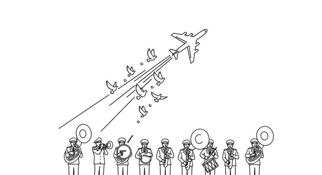 Airplane and Birds Flying Over Marching Band in Minimalist Line Art Style