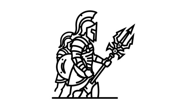 Ancient Roman Gladiator Warrior with Trident and Shield, Line Art Icon