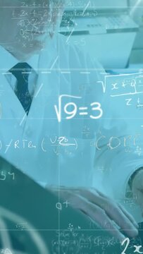 Senior doctor flipping paper and typing, animated math E=mc&sup2; guiding analysis while adjusting specs