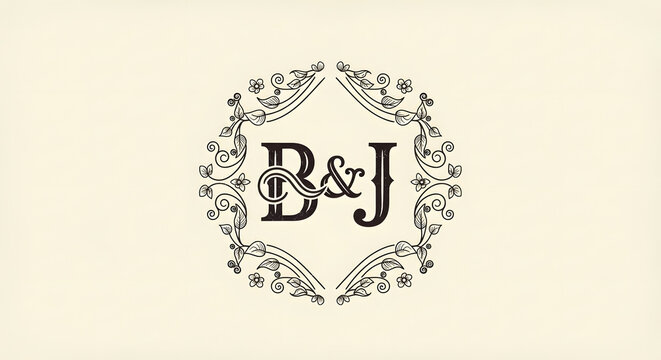 Elegant monochrome circular badge featuring decorative initials with ornate floral swirls and leaves