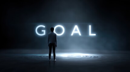 Fototapeta premium A person looking at a giant holographic GOAL, motivation and focus