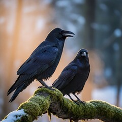 Fototapeta premium Winter Watch: Ravens in the Golden Light