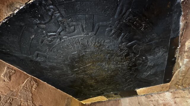 Close up view of the famous circular Dendera Zodiac ceiling relief featuring astronomical figures and constellations at the Temple of Hathor in Egypt