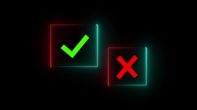 Glowing neon Select the check mark on a laptop. check right and wrong marks. concept decide to choose vote. yes or no decisions, and business options for difficult situations in dilemma. 