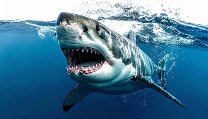 Fototapeta premium A powerful great white shark swims through the deep blue ocean water near a coral reef, showing its sharp teeth and grey fin as the ultimate marine predator in the underwater sea