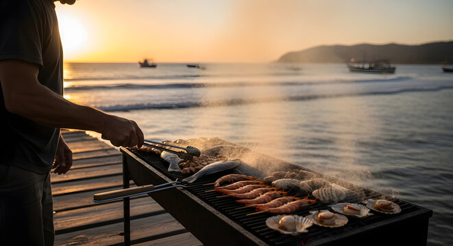 A man grilling various fish and shellfish on a large charcoal grill over the ocean at sunset