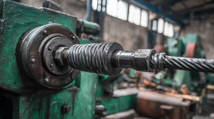 Close-up of a heavy industrial steel worm gear mechanism operating within a manufacturing factory environment