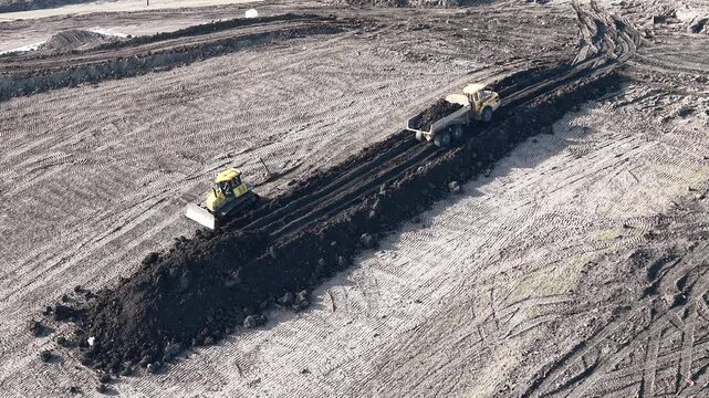 Tipper truck Veolia, Rainham Landfill site Essex UK drone,aerial