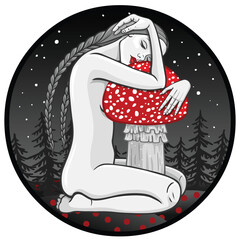 Young girl in the night forest hugs a fly agaric. Mystical vector illustration.