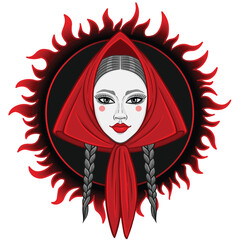 Girl in a red headscarf against a black sun. Vector illustration Isolated. 