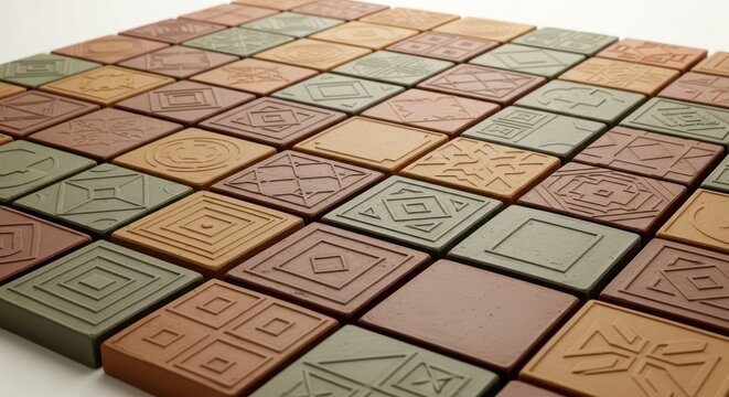 Close-up shot of colorful, patterned tiles arranged in rows on a plain surface with