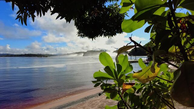 Lovers' Beach, Canaima Lagoon, Carrao River, Kusary, Kurun, and Kuravaina tepuis, Venezuela on a sunny day