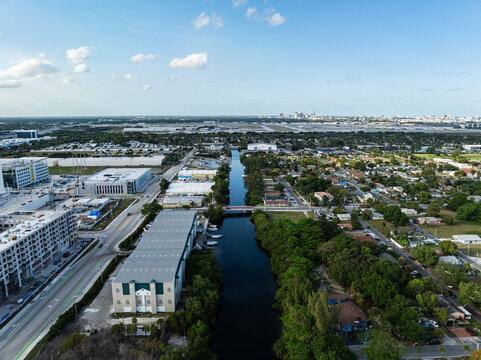 Aerial view of residential buildings and canal in Dania Beach Florida near Miami