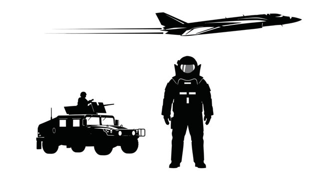 Silhouette of Jet Fighter, Humvee, and Astronaut on White Background