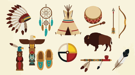 A collection of Native American cultural symbols and artifacts, including a headdress, dreamcatcher, teepee, drum, and buffalo. © tr