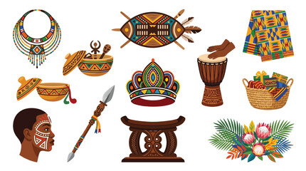Vibrant collection of traditional African cultural artifacts, including jewelry, masks, drums, and textiles, showcasing rich heritage. © tr