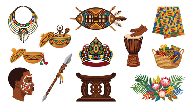 Vibrant collection of traditional African cultural artifacts, including jewelry, masks, drums, and textiles, showcasing rich heritage.