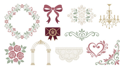 Elegant collection of decorative vintage wedding and celebration design elements, including floral wreaths, bows, chandeliers, arches, and hearts. © tr