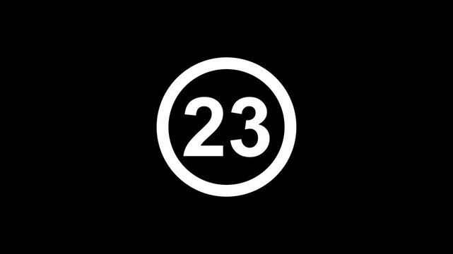 Closeup of a white number 23 inside a circular frame on black background minimalistic 2 d animation useful for countdowns timers
