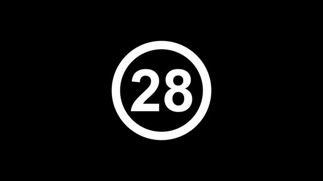 Modern minimalist number 28 in circular on black background close- up animation loop for countdown or timer applications