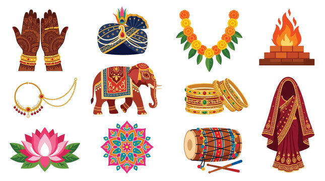 Vibrant collection of Indian wedding symbols and cultural elements, including henna hands, elephant, and traditional attire.