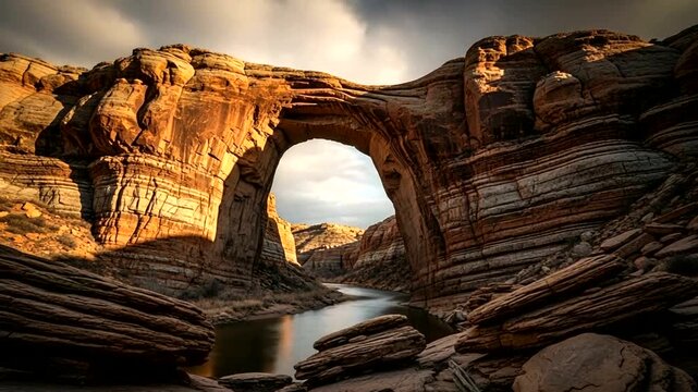 Stunning rock arch over calm waters at sunset