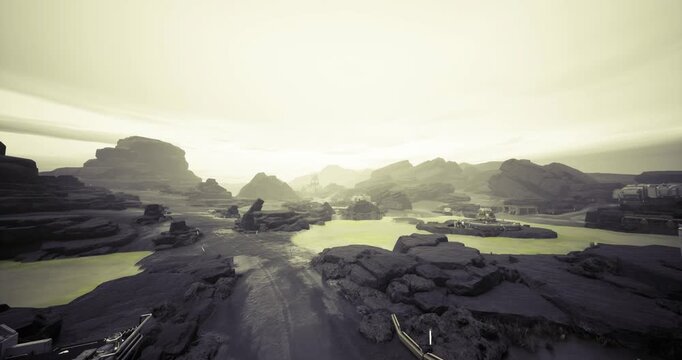 Sunlit rocky valley with settlement hub overlooking lagoon and distant ridgelines, quiet research modules clustered near access road, soft golden haze and long