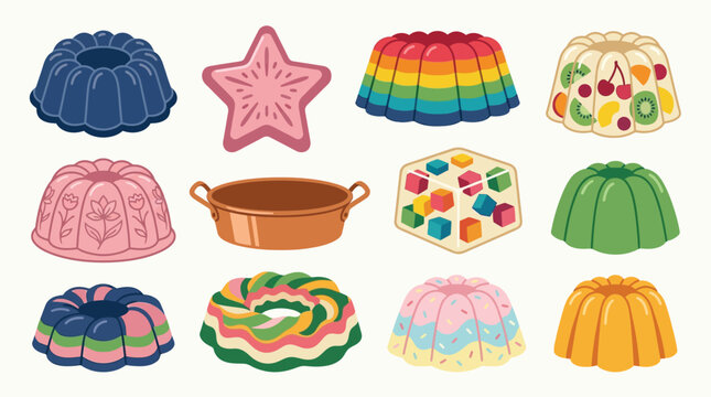 A vibrant collection of assorted gelatin desserts and molds in various shapes and colors, presented in a grid layout.