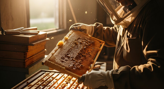 A person in protective gear holds a wooden bee frame full of honey under warm sunlight
