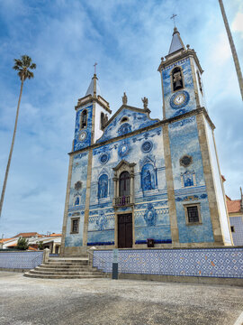 Igreja de Santa Marinha de Cortegaca, church decorated with blue and white azulejos in Cortegaca, Portugal.