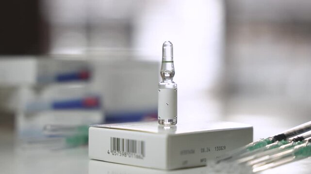 Left to Right Pan Revealing Syringes Beside Glass Vial with VFX Tracking Markers, Injectable Medicine Concept