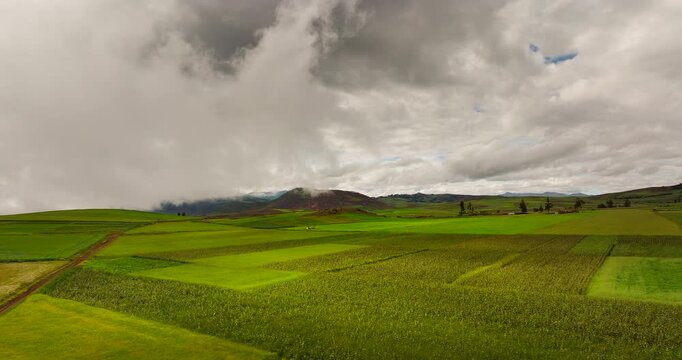 Evergreen Fertle Land With The Sacred Valley Of The Incas In The Urubamba Province Of Peru. Aerial Drone Shot