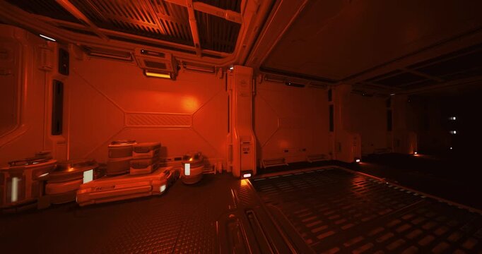 low lit secure storage alcove with crates and labeled containers, subdued red illumination, reinforced walls and locking mechanisms evoke restricted supply room