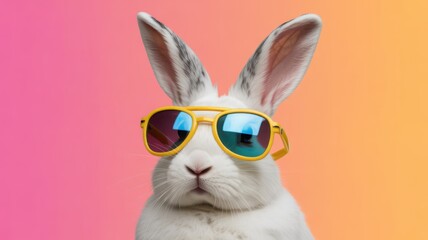A white rabbit wearing trendy yellow sunglasses on a colorful background