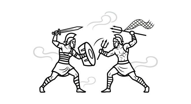 Gladiator Battle: Retiarius vs Secutor, Ancient Roman Combat, Dynamic Line Art