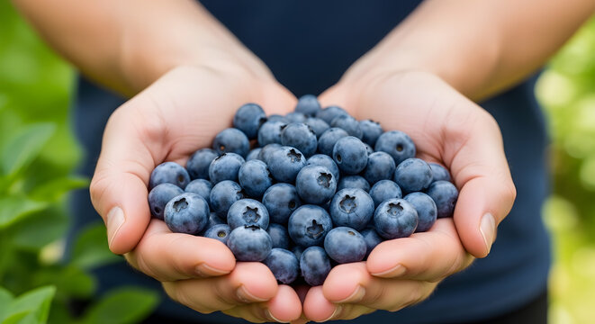 A pair of hands cupped together holding a large pile of fresh ripe blue berries with a blurred green garden background