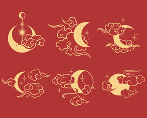 Oriental Celestial Icons Collection:  Moon and Clouds in Chinese Art Style