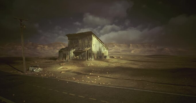 dilapidated shack under stormy midnight sky, leaning pole and frayed wires outlining jagged silhouette, dust swirling over cracked pavement, distant lightning