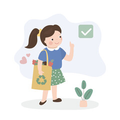 Smart girl holding reusable grocery bag with recycle sign. Stop Plastic Bags, sustainable and eco-friendly lifestyle. Cute kid after shopping.