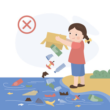 Little kid with bad behavior do littering. Bad habit, bully girl littering into ocean. Plastic bottle and other garbage on seashore and in water. Pollution concept
