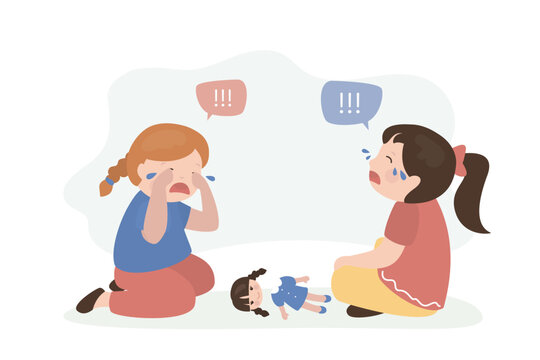 Unhappy children cries sadly and whines in a bad mood. Crying girls sobs in tears over a broken doll. Friends or sisters playing toys. Childhood problem, negative emotions.