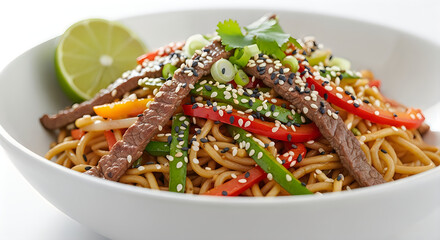 A healthy bowl of stir-fried beef noodles with colorful bell peppers and sesame seeds.