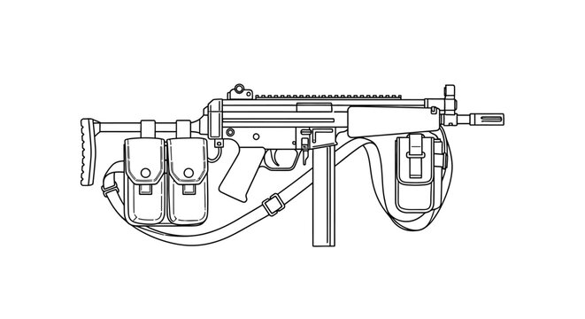 Line Art Illustration of MP5 Submachine Gun with Sling and Pouches