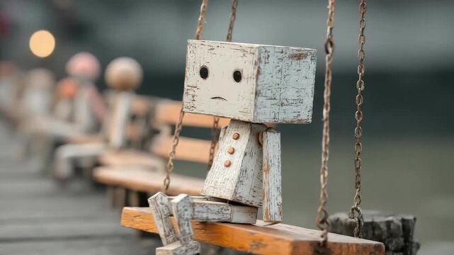 Small wooden figure, worn and distressed, displays a somber face, sitting quietly on a rustic swing. Blurry forms on an old bench amplify feelings of deep solitude near the serene water.