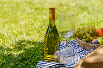 Naklejka premium Picnic with wine, fruits, and baguette on a green meadow