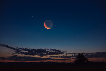 Lunar eclipse, stars and planets above landscape silhouettes. © astrosystem