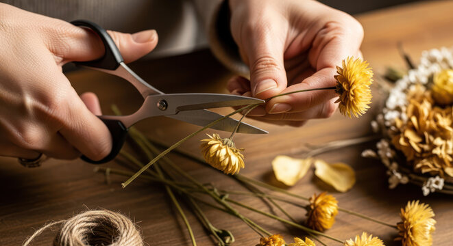Hands cutting flowers with scissors on a wooden table with a bouquet and twine.